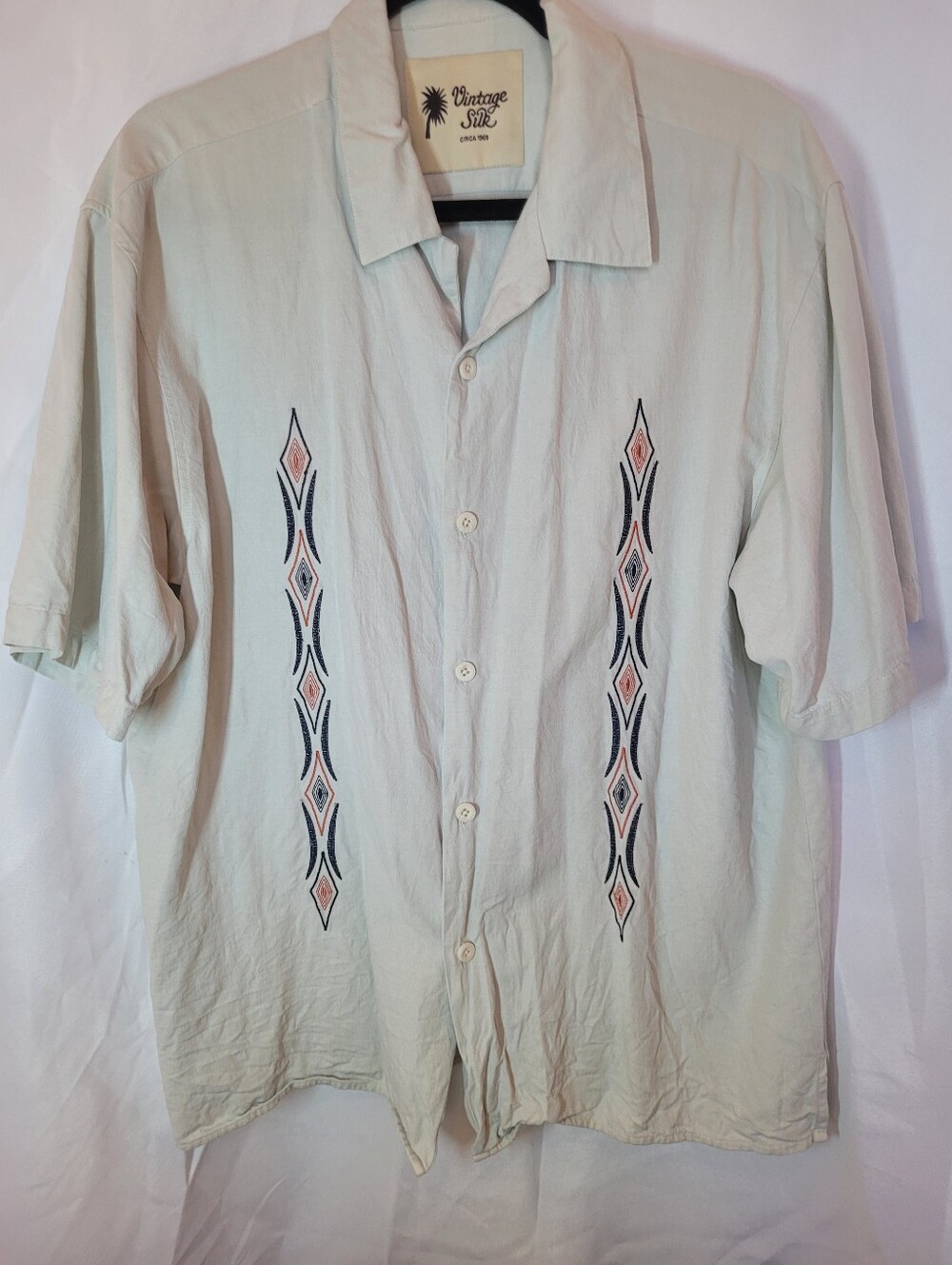 Vintage Silk Men's Button Down Embroidered Shirt Cream 100% Silk XL